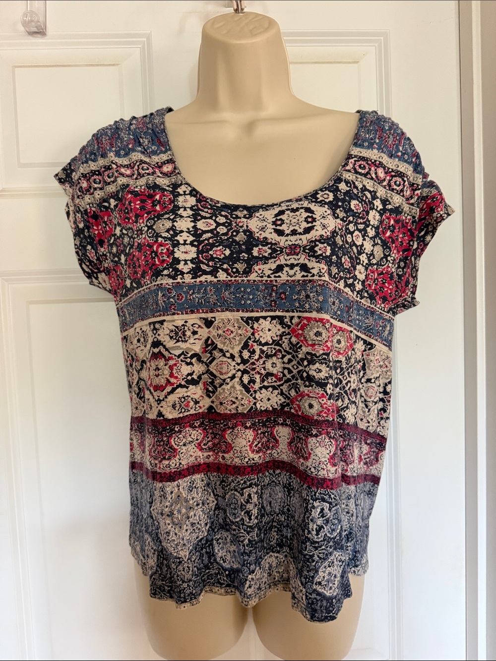 Lucky Brand Navy, Cream & Pink Boho Short Sleeve Scoop Top